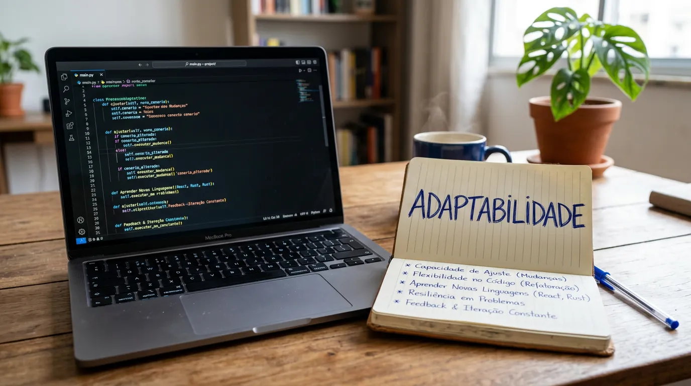 Notebook e caderno simbolizando hard e soft skills em TI