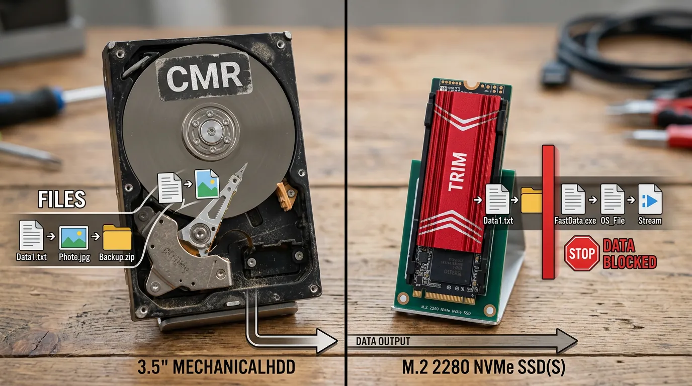 Comparativo entre HDD CMR e SSD M.2 mostrando a ação do TRIM