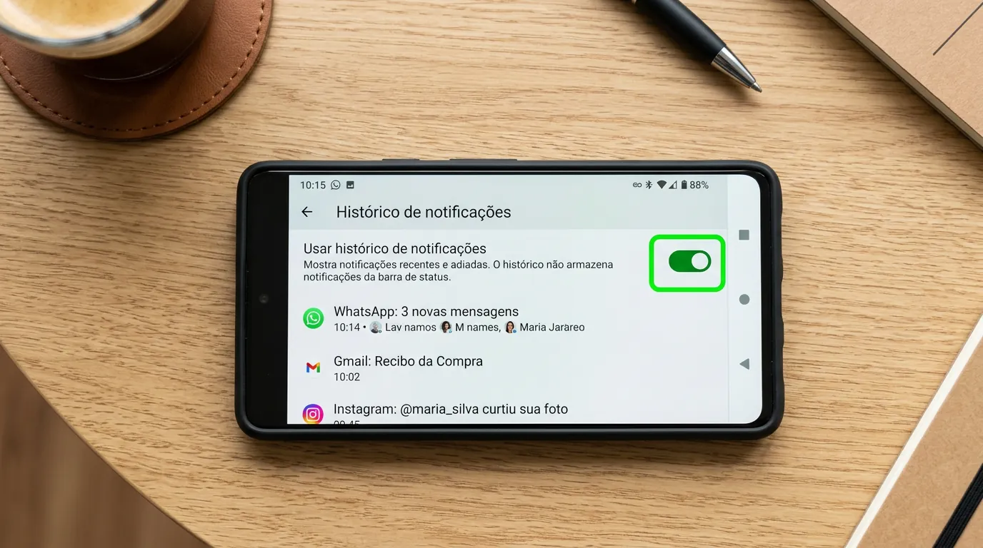 Tela de Histórico de Notificações do Android para ver mensagens apagadas do WhatsApp