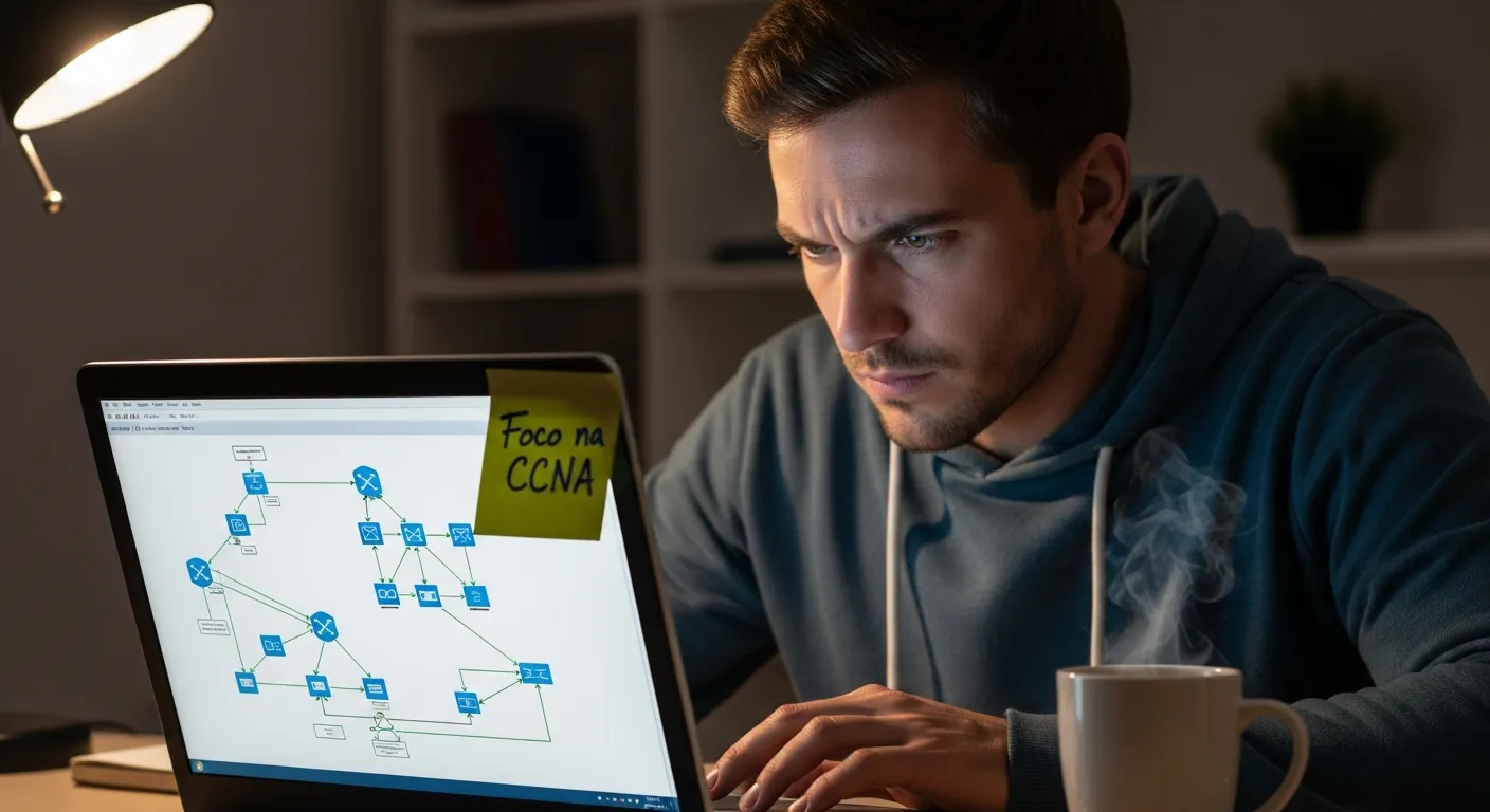 Homem estudando para certificação de TI à noite
