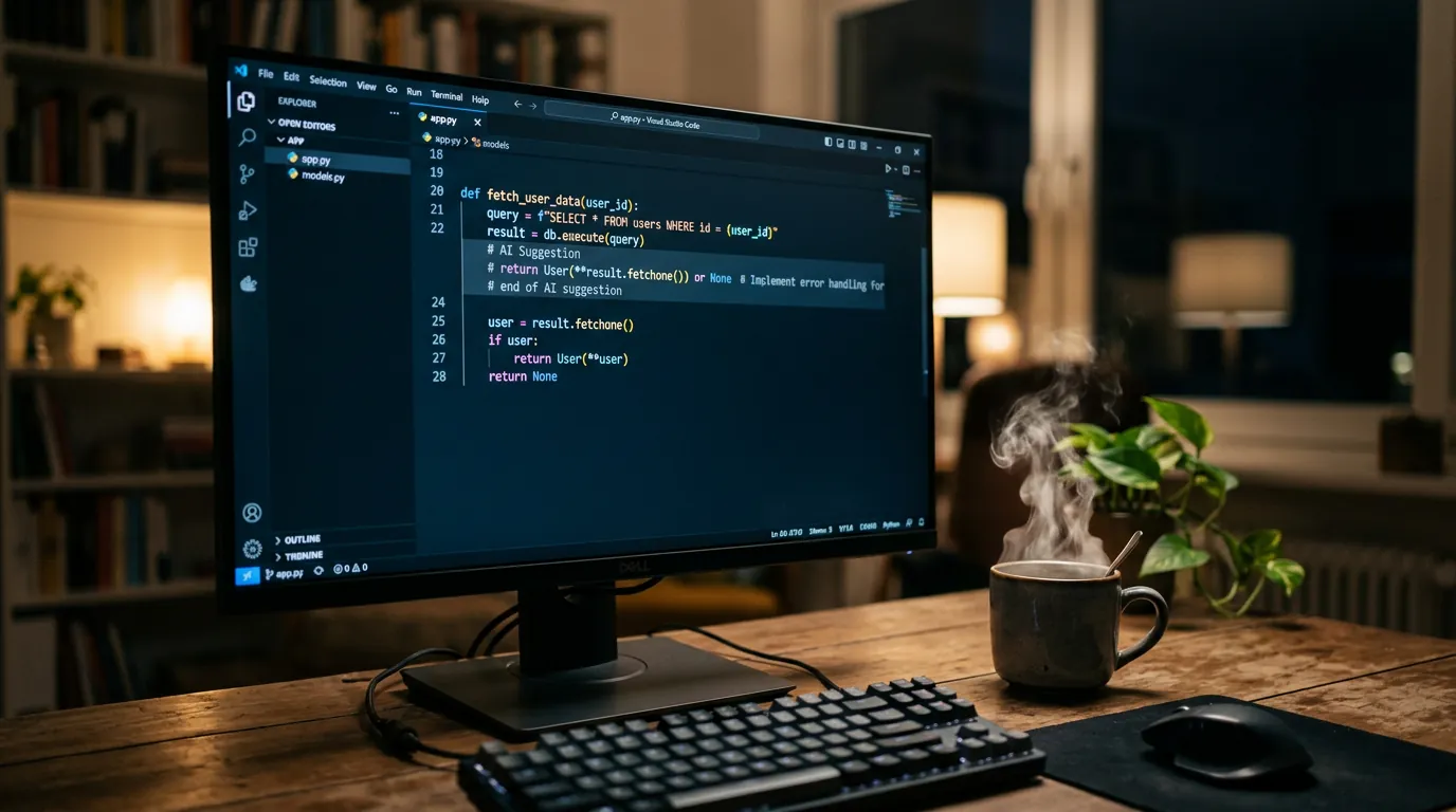 Tela de editor de código com autocompletar de Inteligência Artificial