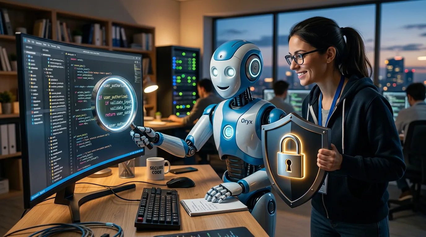 Robô e humano colaborando na revisão de código
