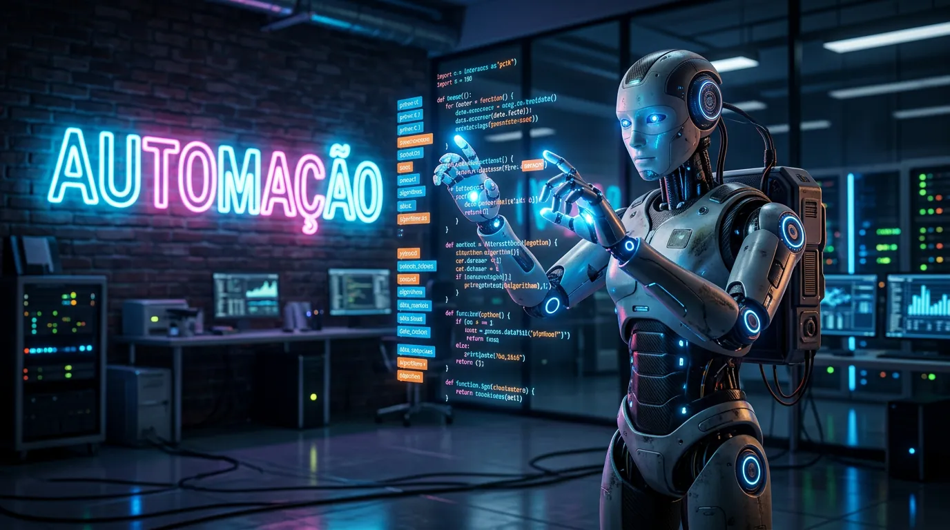 Robo futurista configurando automacao com IA
