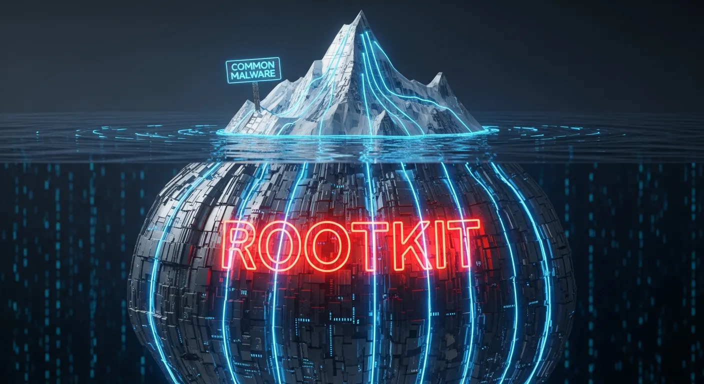 Iceberg mostrando a profundidade de um rootkit no sistema operacional