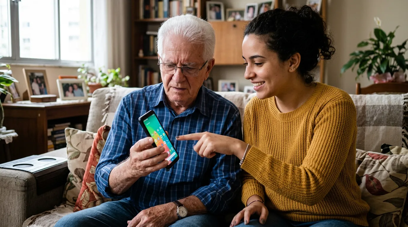 Idoso aprendendo a identificar mensagens suspeitas no celular com familiar