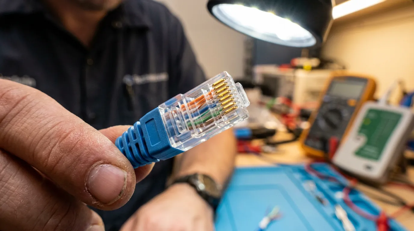 Inspeção visual de conector RJ45 de cabo de rede