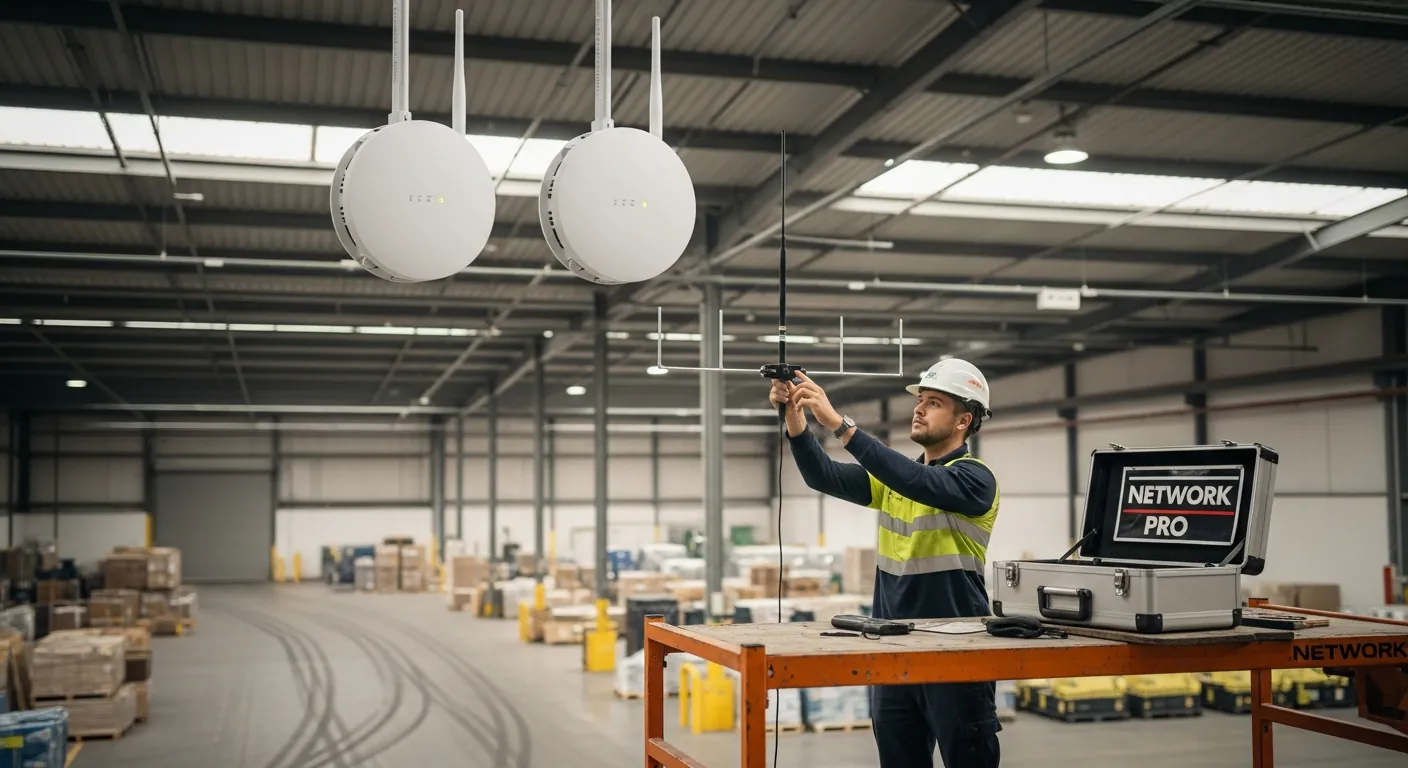 Técnico instalando Access Point no teto