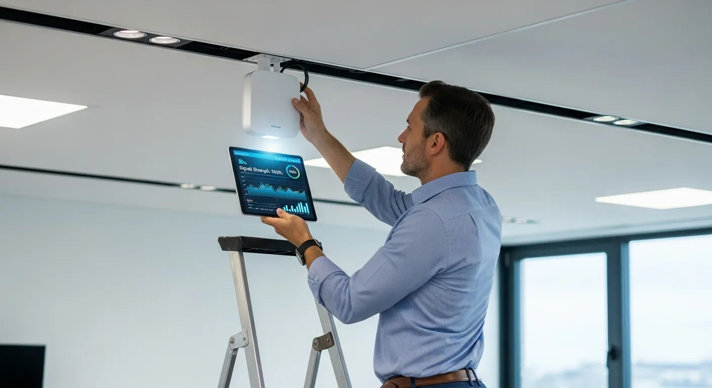 Engenheiro instalando Access Point no teto