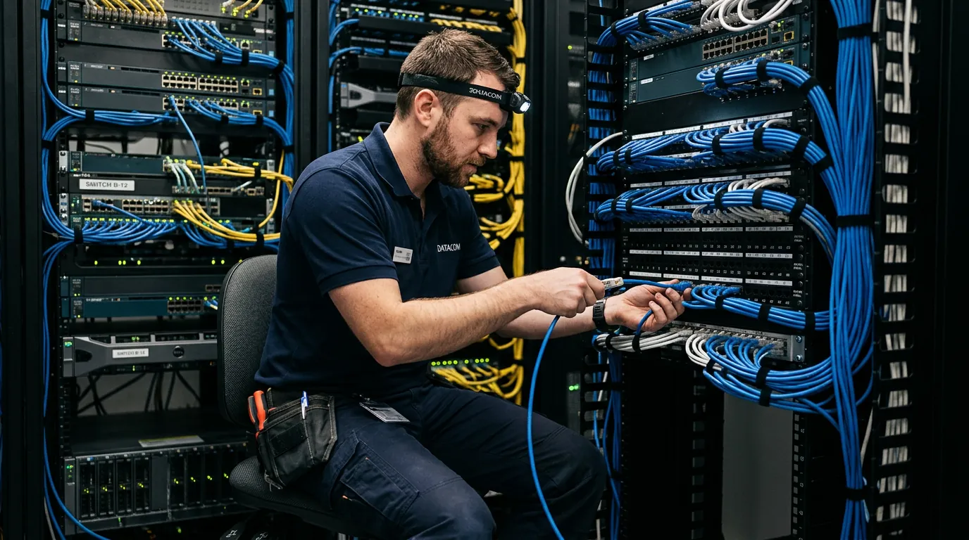Técnico instalando cabo de rede no rack