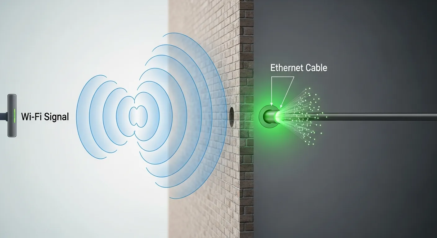 Ilustração de interferência de sinal Wi-Fi versus cabo de rede