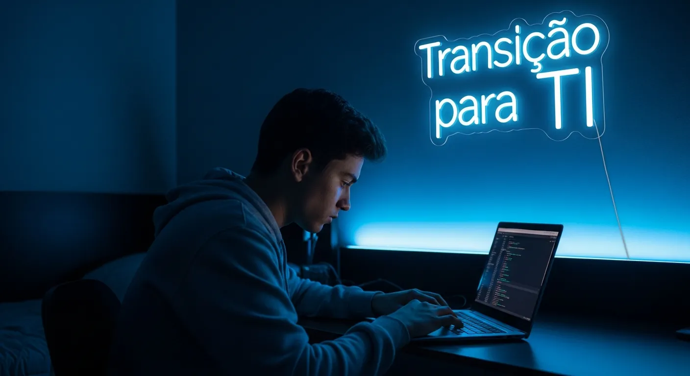 Jovem estudando programação em casa para transição de carreira