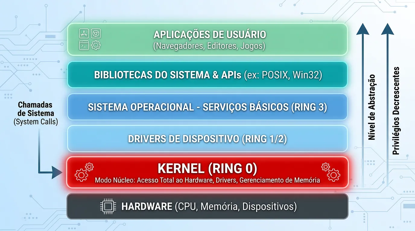 Diagrama de camadas do sistema operacional e Kernel Ring 0