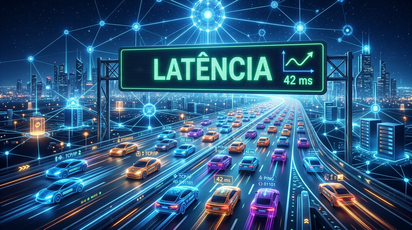 Representação visual de latência e pacotes de dados na internet