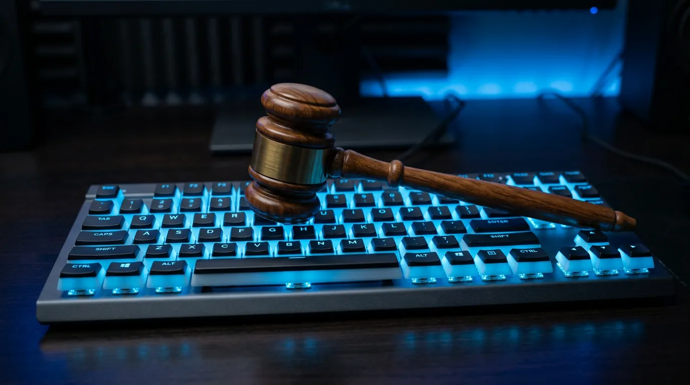 Martelo de juiz sobre teclado de computador