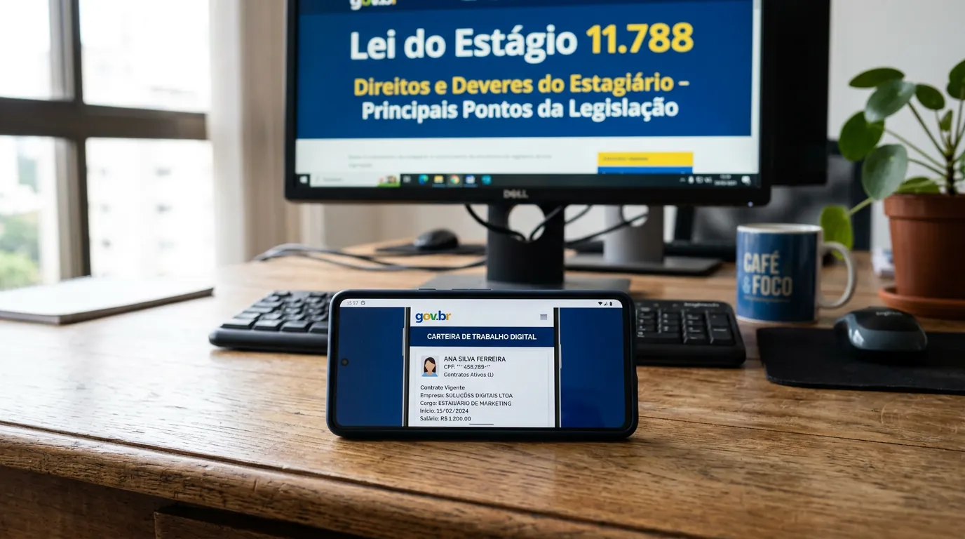 Smartphone e monitor ilustrando a legislacao de estagio