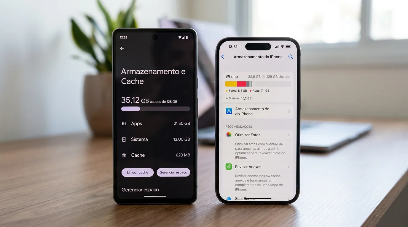 Comparação de limpeza de cache no Android e no iPhone iOS