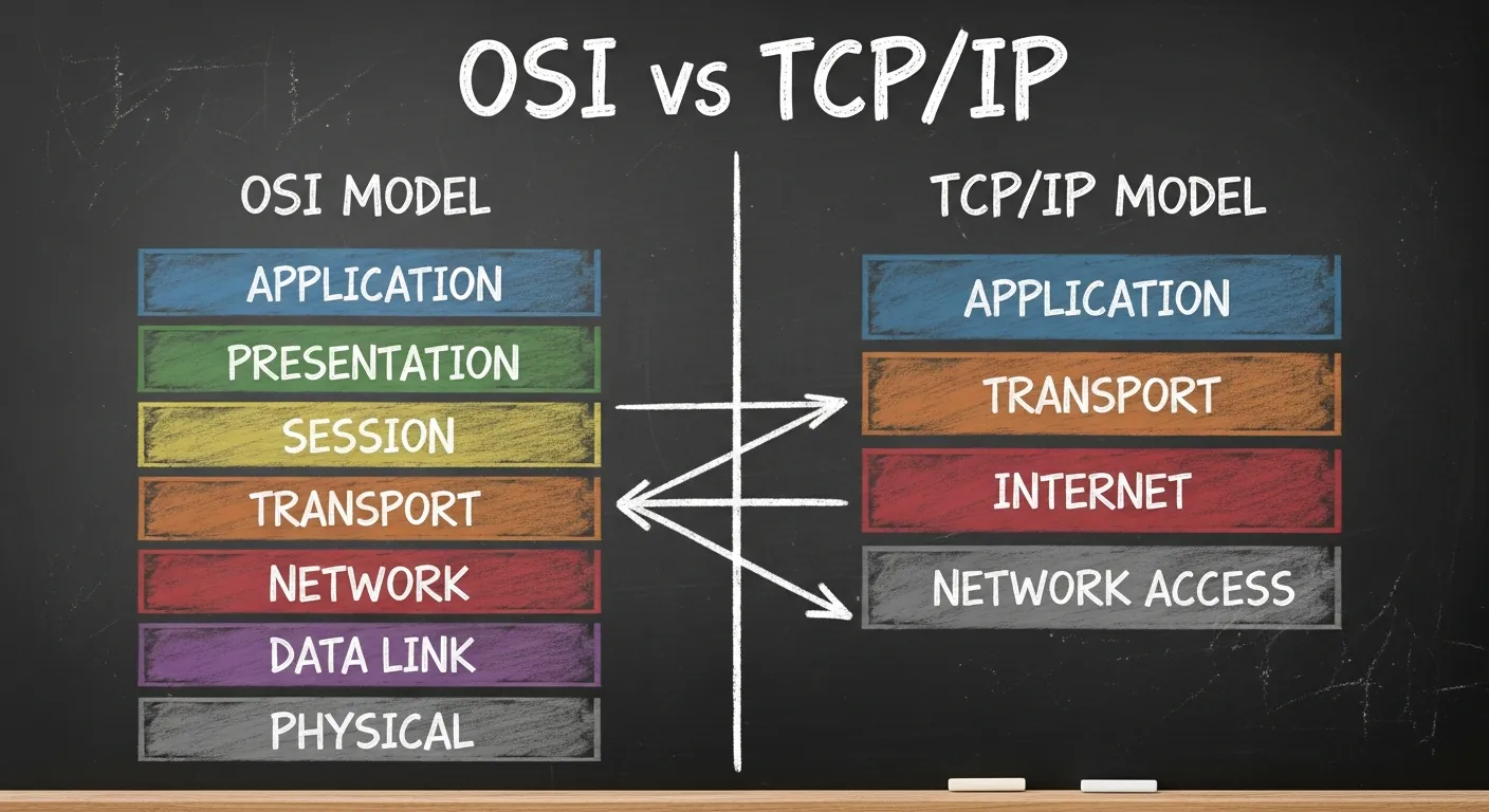Lousa comparando Modelo OSI e TCP/IP