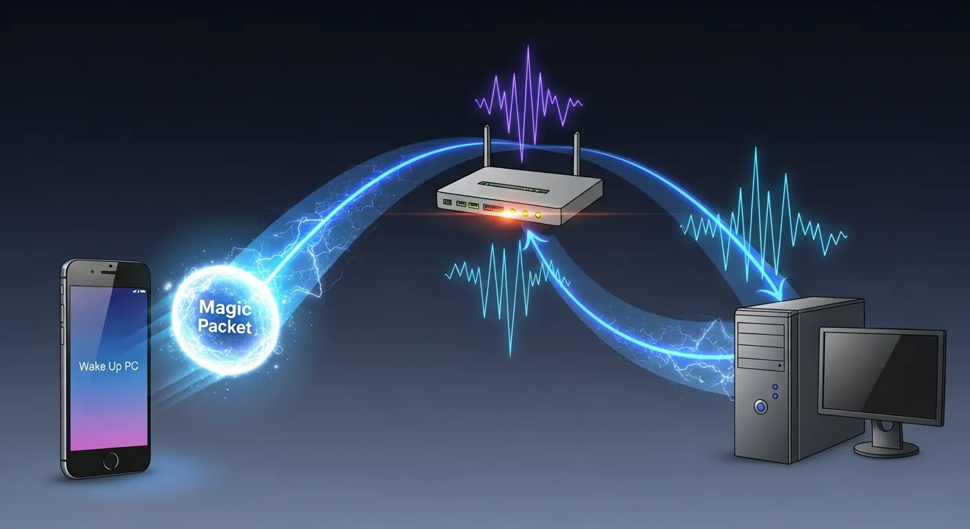 Ilustração de como funciona o Magic Packet do Wake-on-LAN