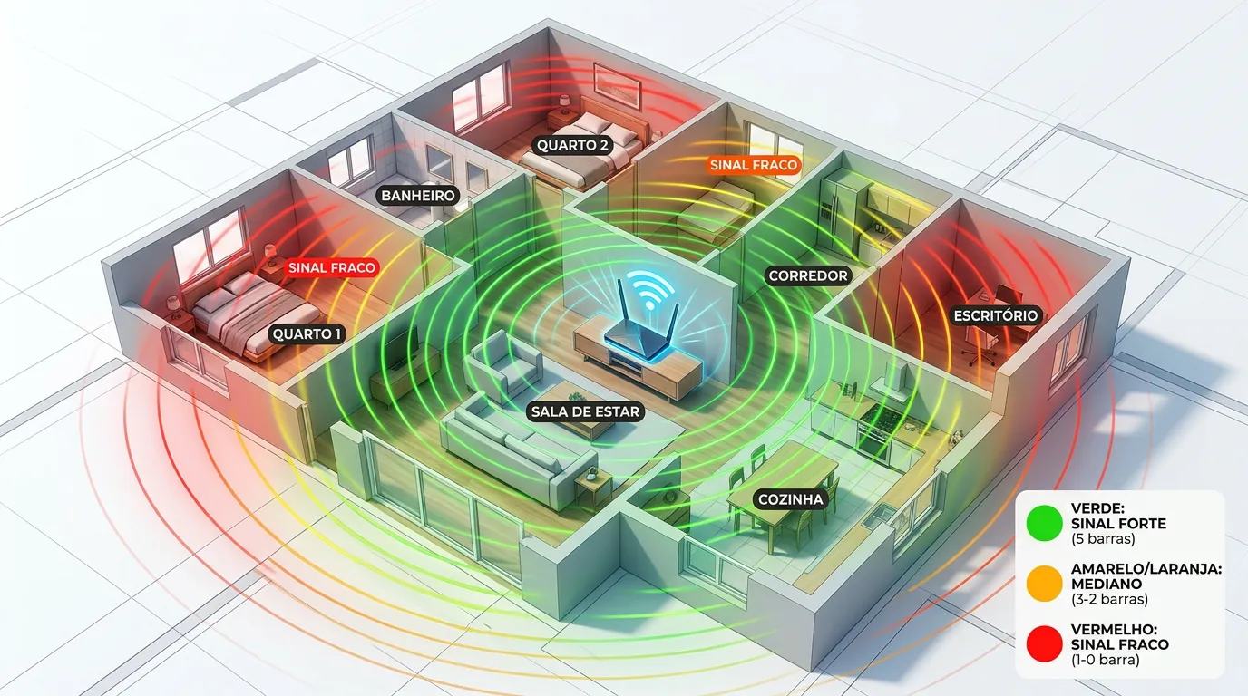 Planta baixa de casa com mapa de calor de sinal Wi-Fi