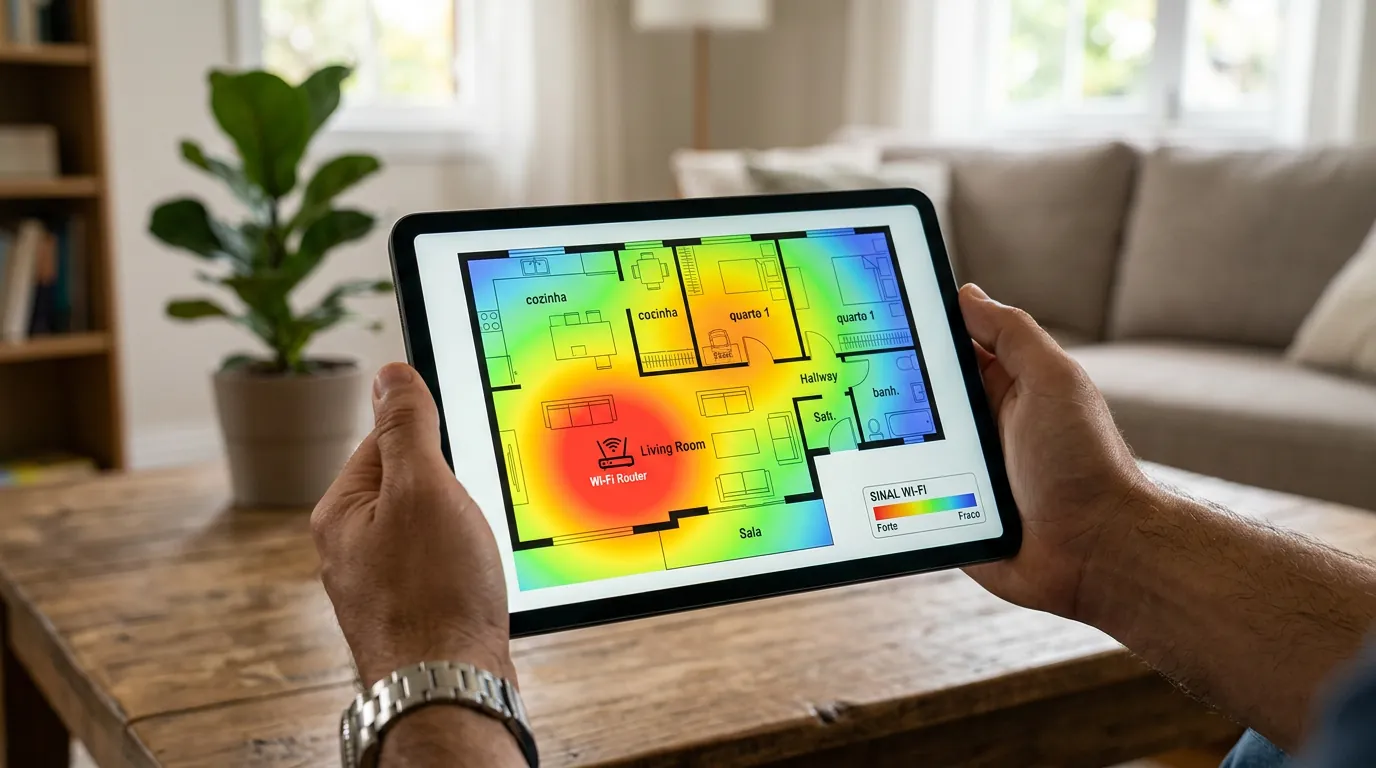 Mapa de calor Wi-Fi exibido em um tablet mostrando zonas de sombra em uma planta baixa.