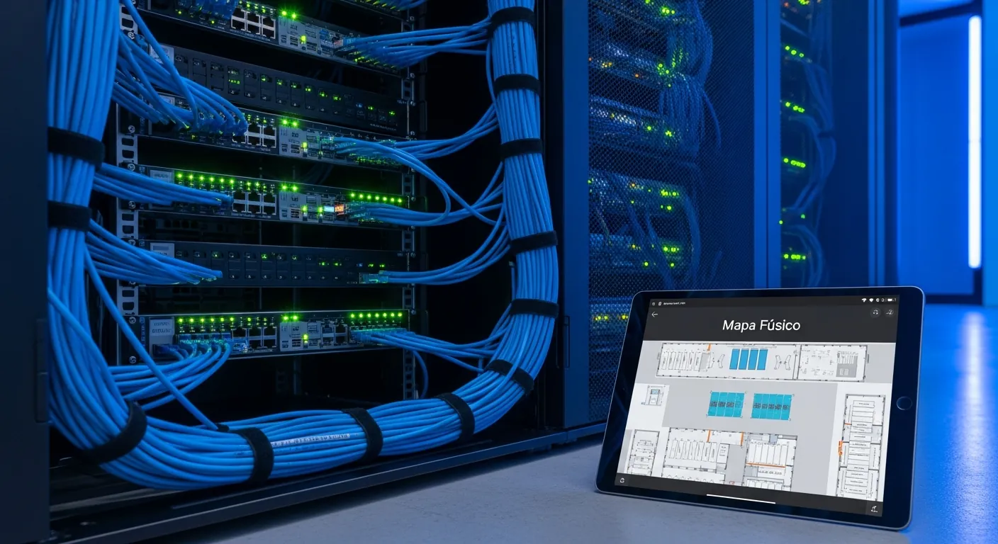 Rack de servidores e mapa físico de rede