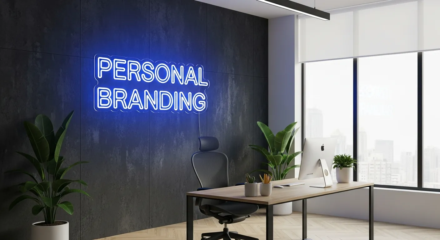 Placa de neon escrito Personal Branding em escritório moderno