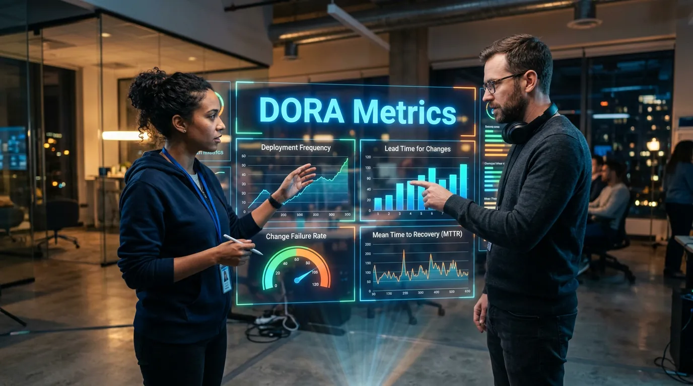 Desenvolvedores analisando métricas DORA em painel