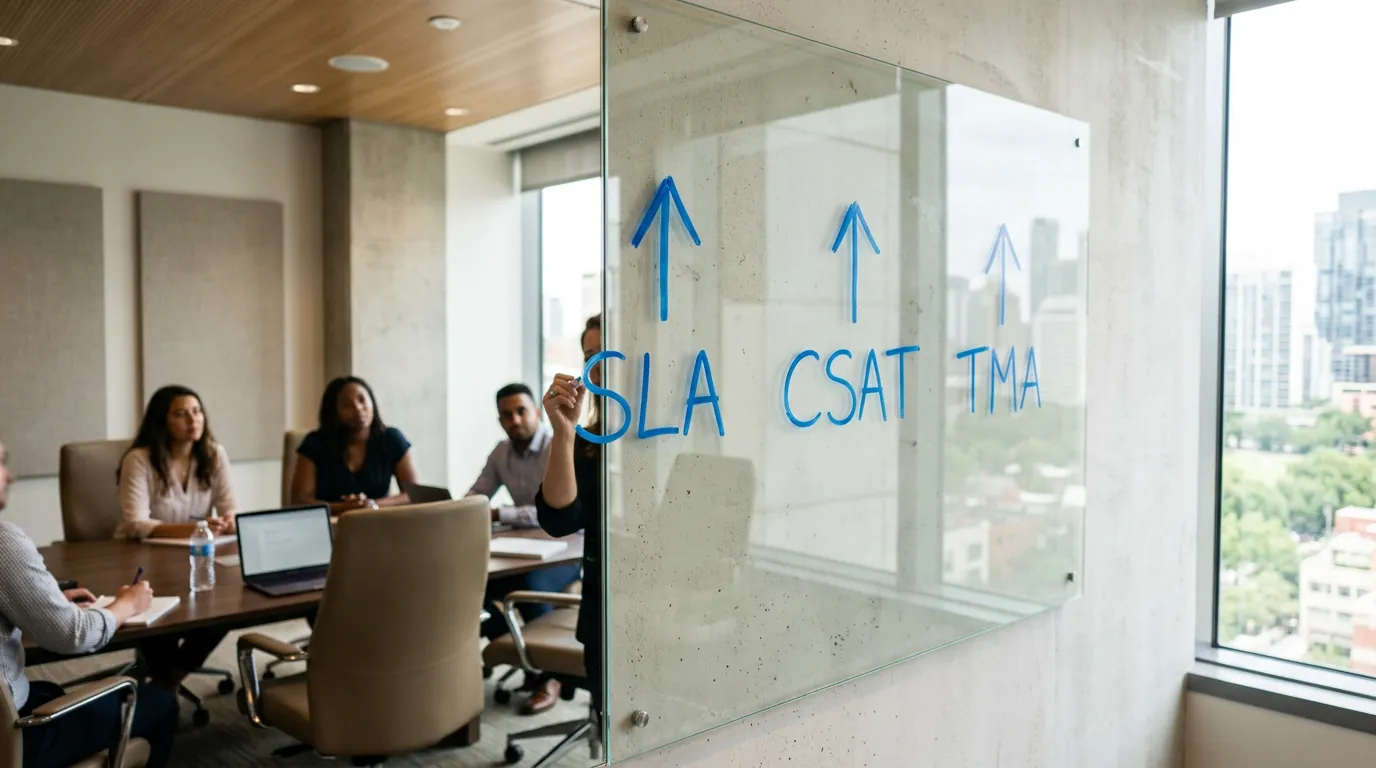 Lousa de vidro com métricas de ITSM SLA, CSAT e TMA