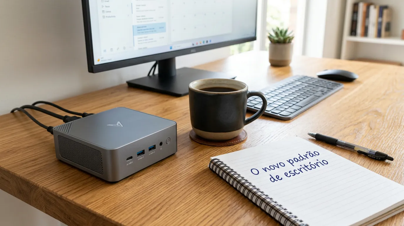 Mini PC compacto em mesa de trabalho