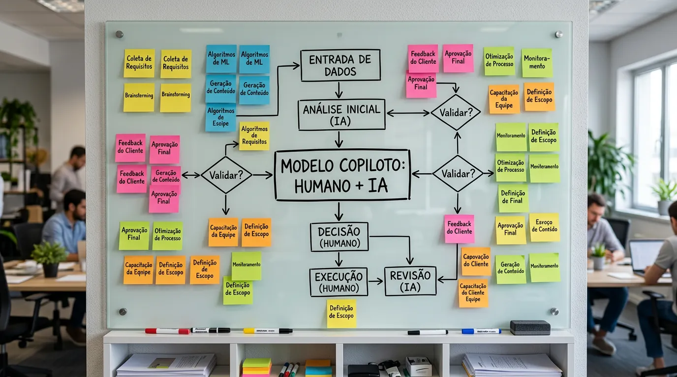 Lousa de escritório mostrando fluxograma do modelo copiloto de IA