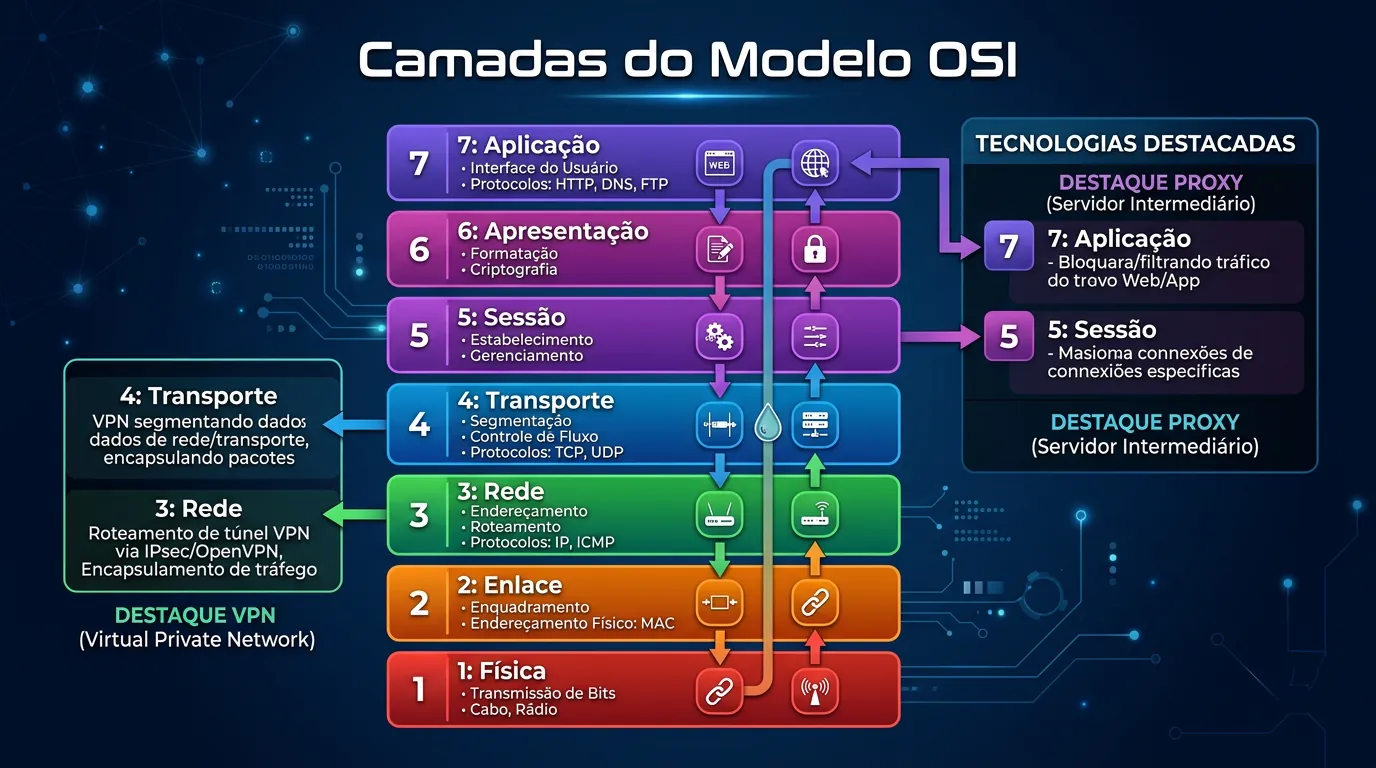 Grafico do Modelo OSI mostrando onde Proxy e VPN atuam