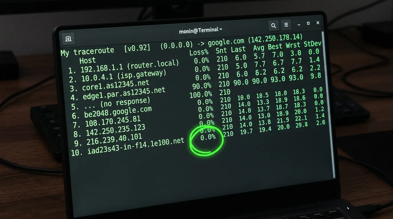 Tela do terminal mostrando MTR com falso positivo de perda de pacotes