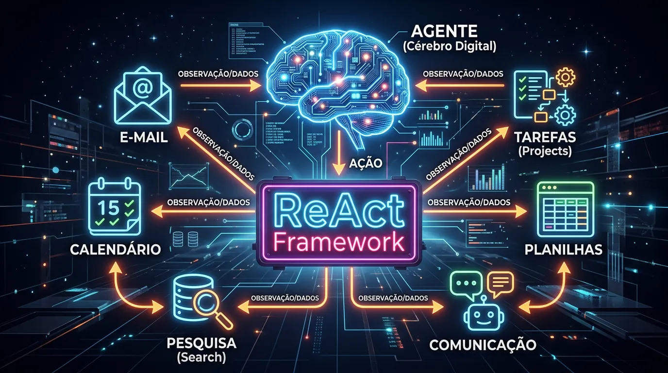 Diagrama ilustrando o framework ReAct em agentes de IA