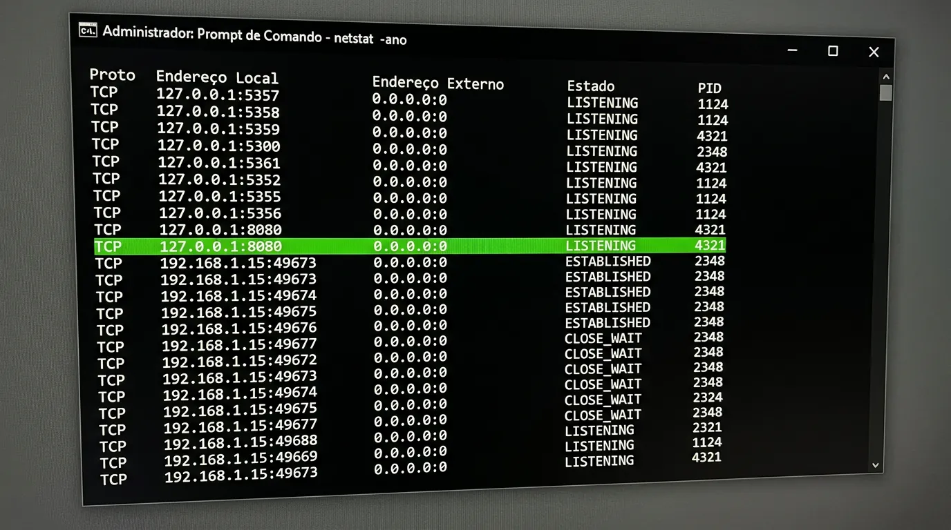 Saida do comando netstat -ano no CMD do Windows