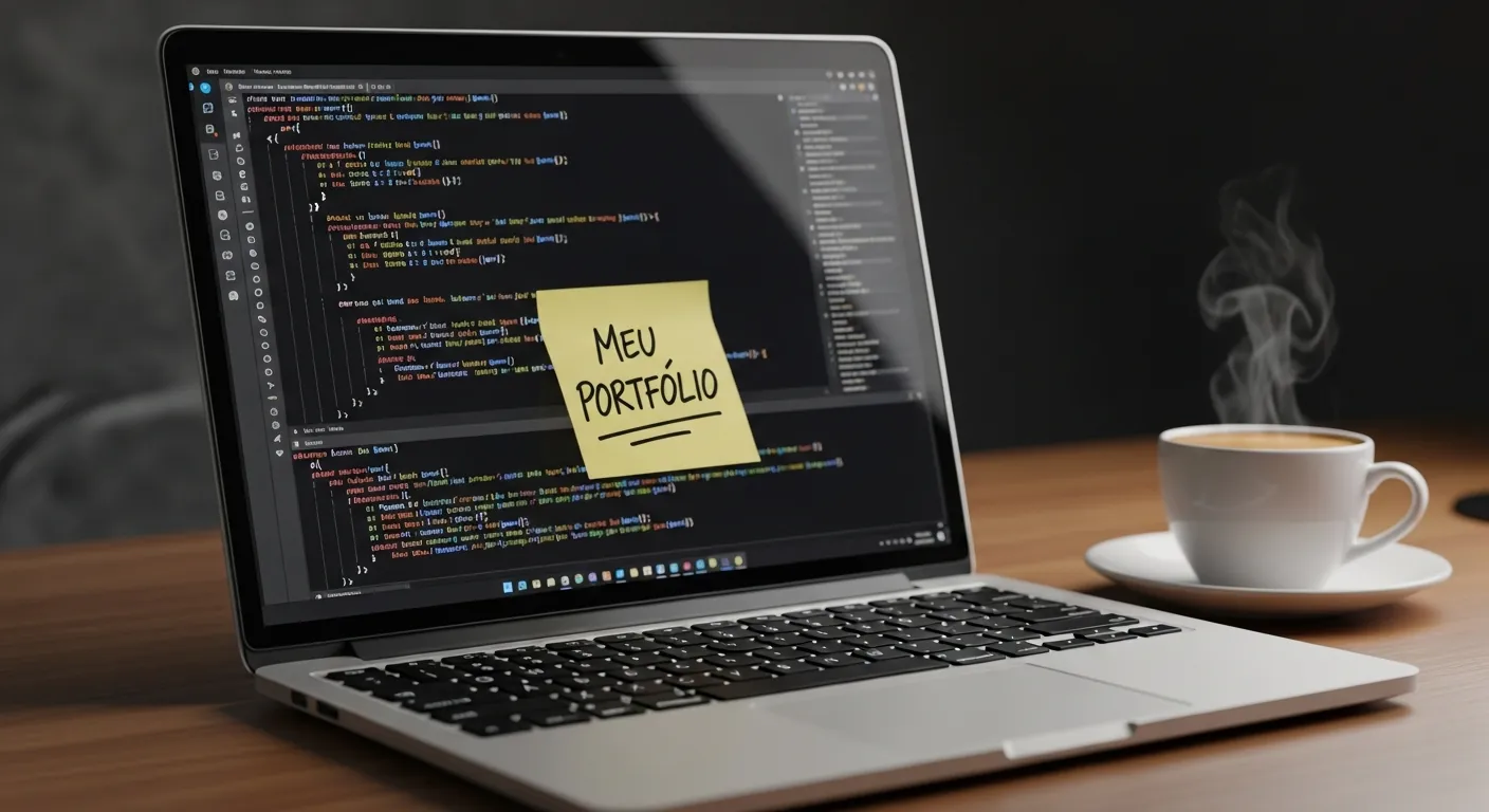 Notebook com código na tela e post-it escrito Meu Portfólio