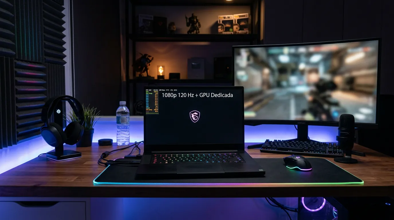 Notebook gamer rodando jogos pesados com placa de vídeo dedicada em 2026