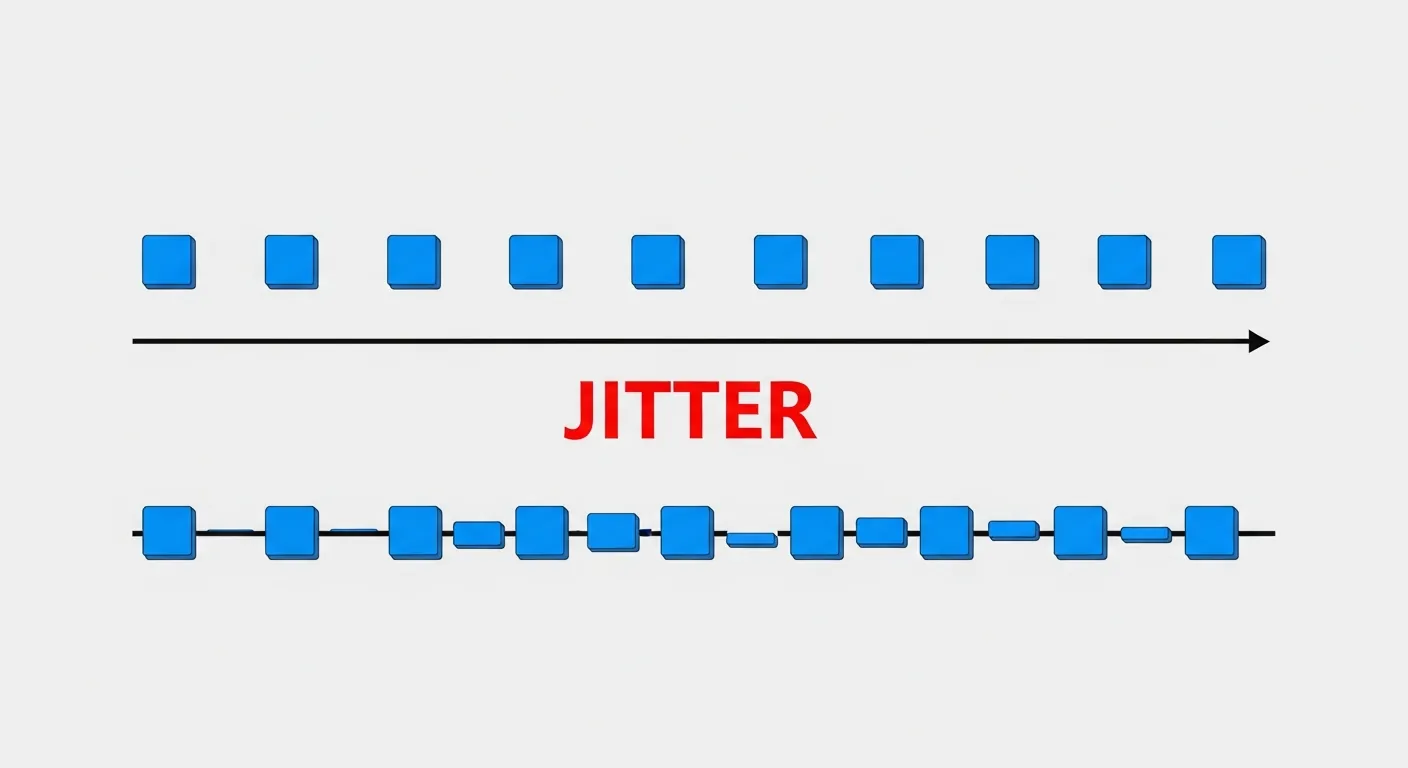 Diagrama mostrando a diferença entre latência constante e jitter em redes de computadores