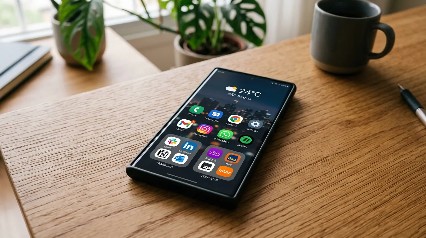 Tela inicial do celular Samsung organizada com pastas ampliadas e widgets na One UI