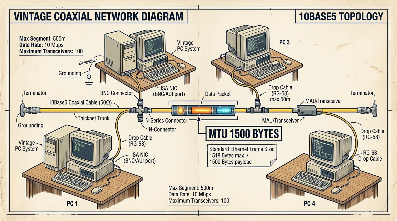 Diagrama ilustrando a origem do MTU em redes Ethernet antigas