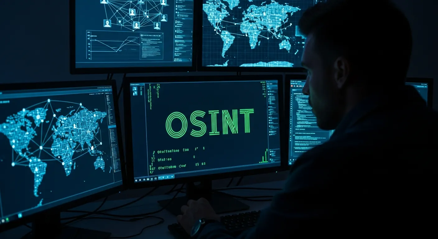 Detetive cibernético analisando dados de OSINT em telas de computador