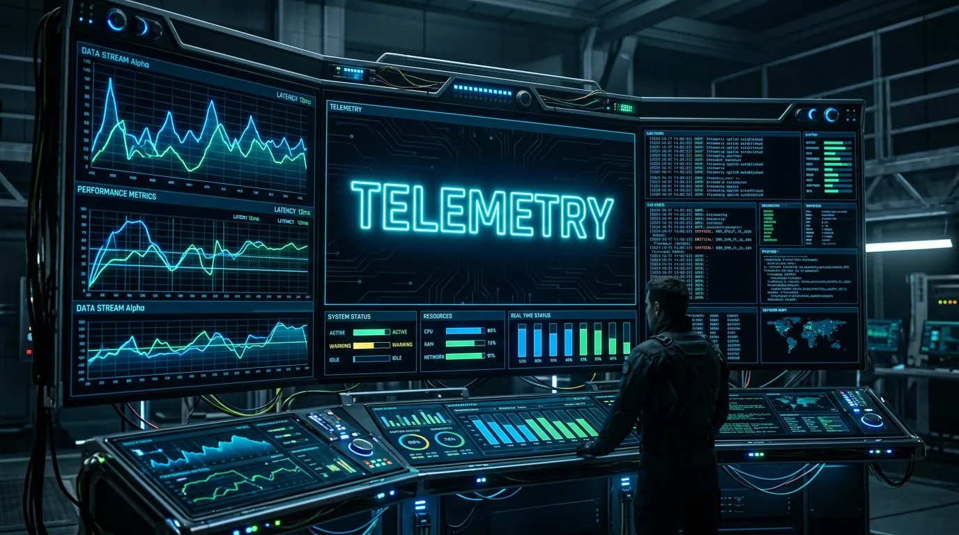 Painel de telemetria mostrando logs, métricas e traces