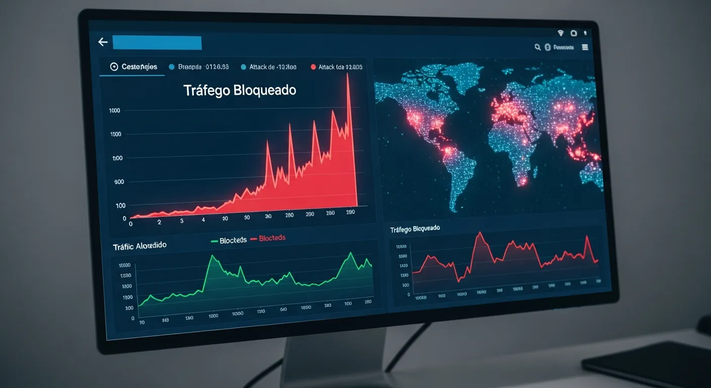 Painel de controle de segurança WAF bloqueando ameaças