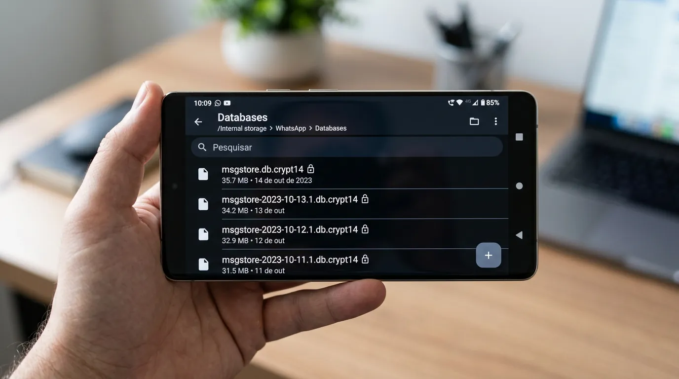 Pasta Databases do WhatsApp no Android com arquivos msgstore.db.crypt14