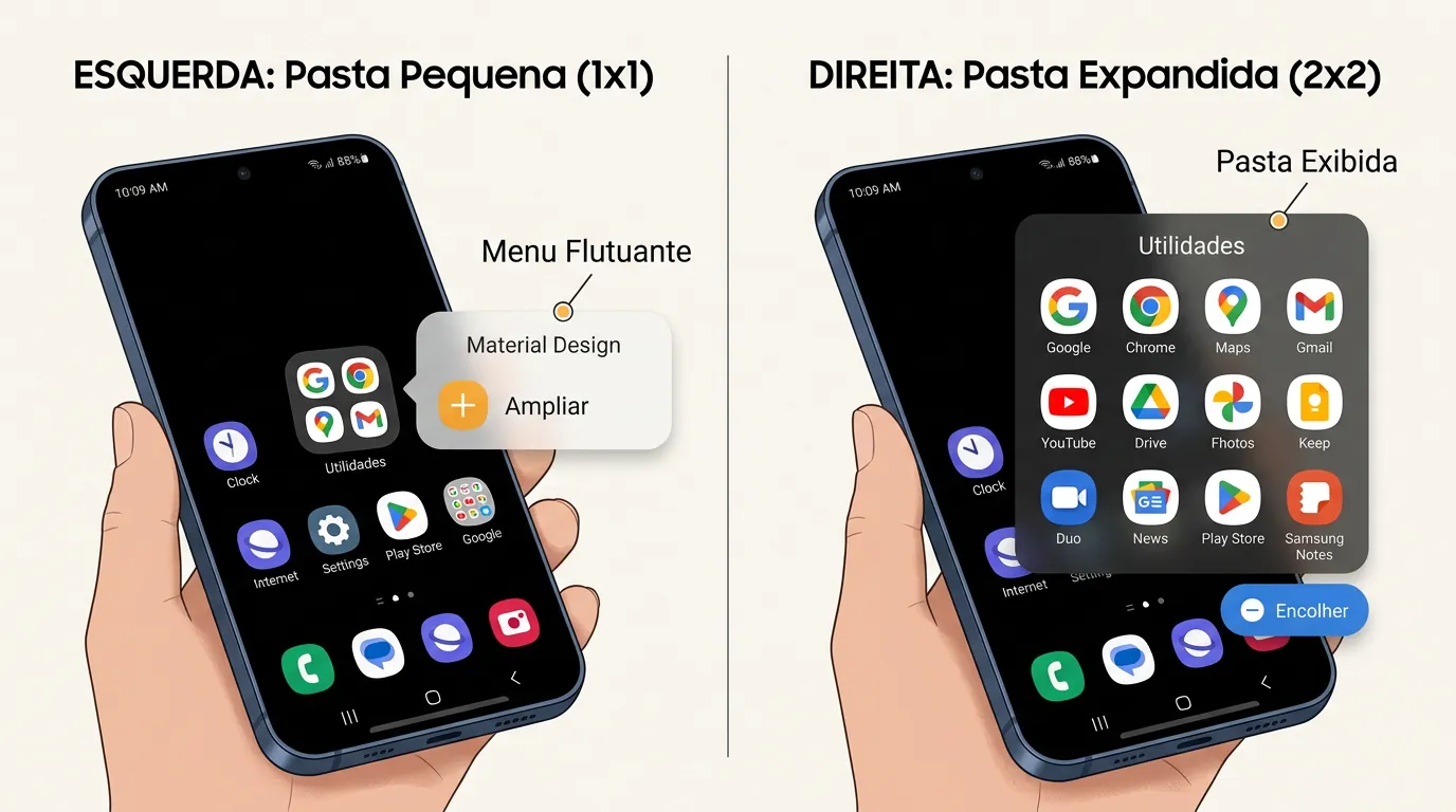 Comparação entre pasta comum 1x1 e pasta ampliada 2x2 no celular Samsung