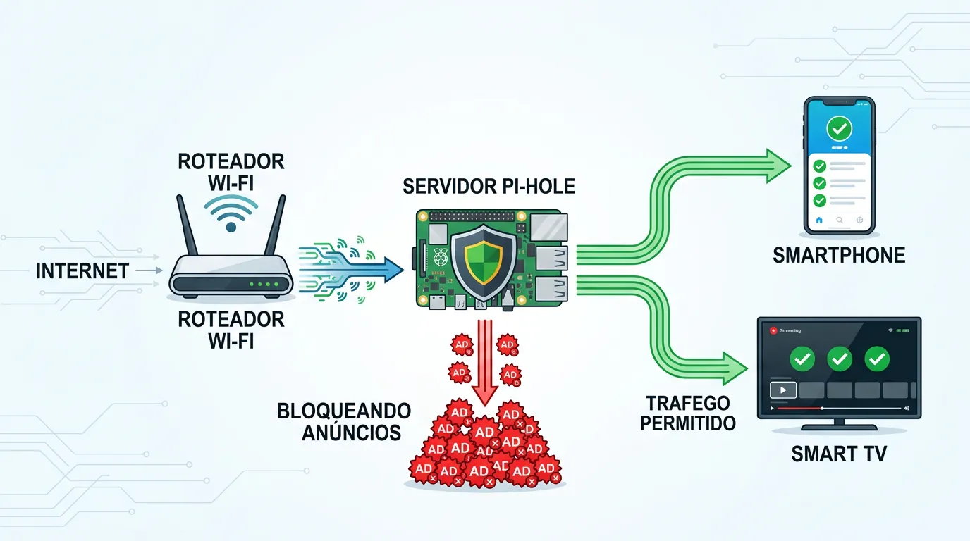 Diagrama de funcionamento do DNS sinkhole no Pi-hole