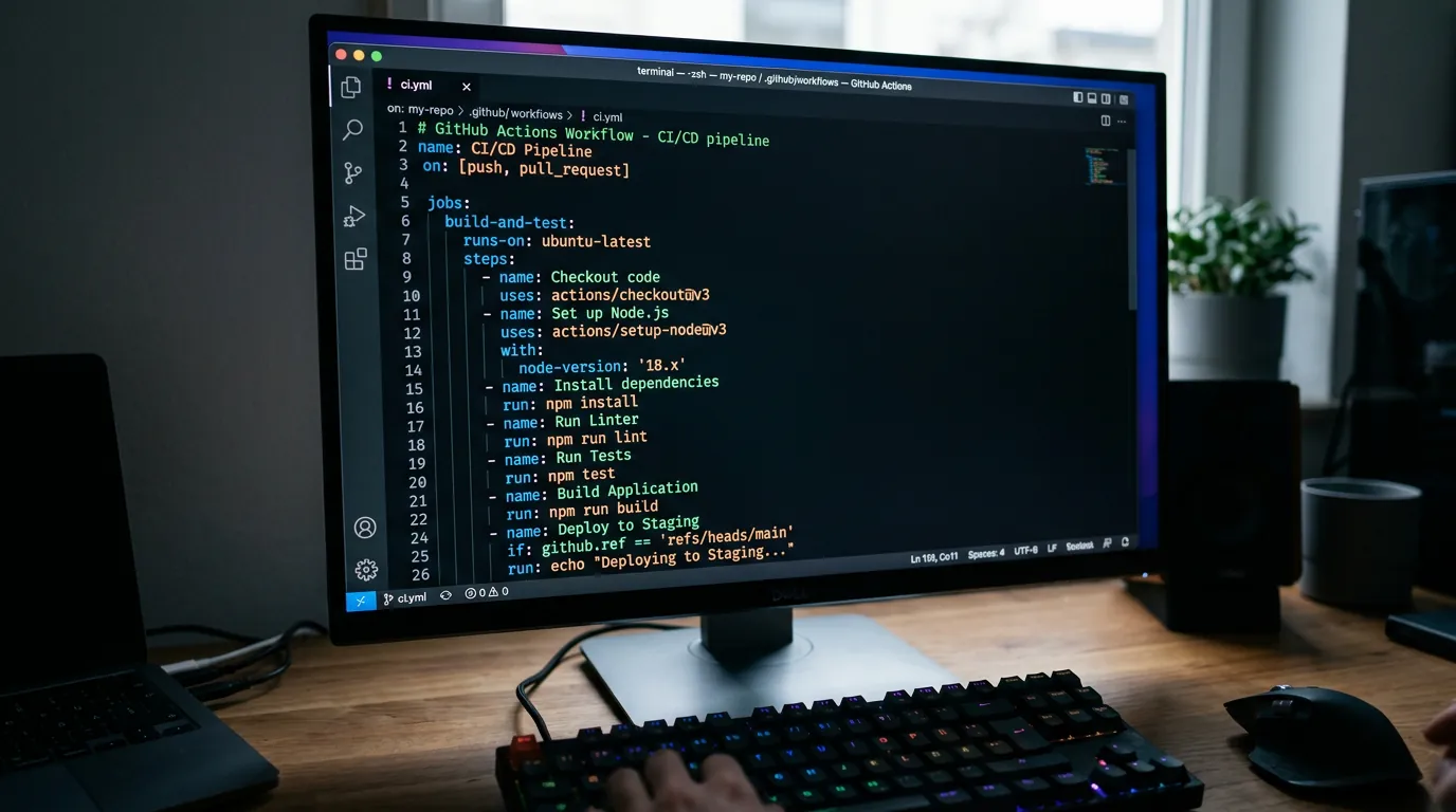 Tela de terminal com pipeline de CI/CD