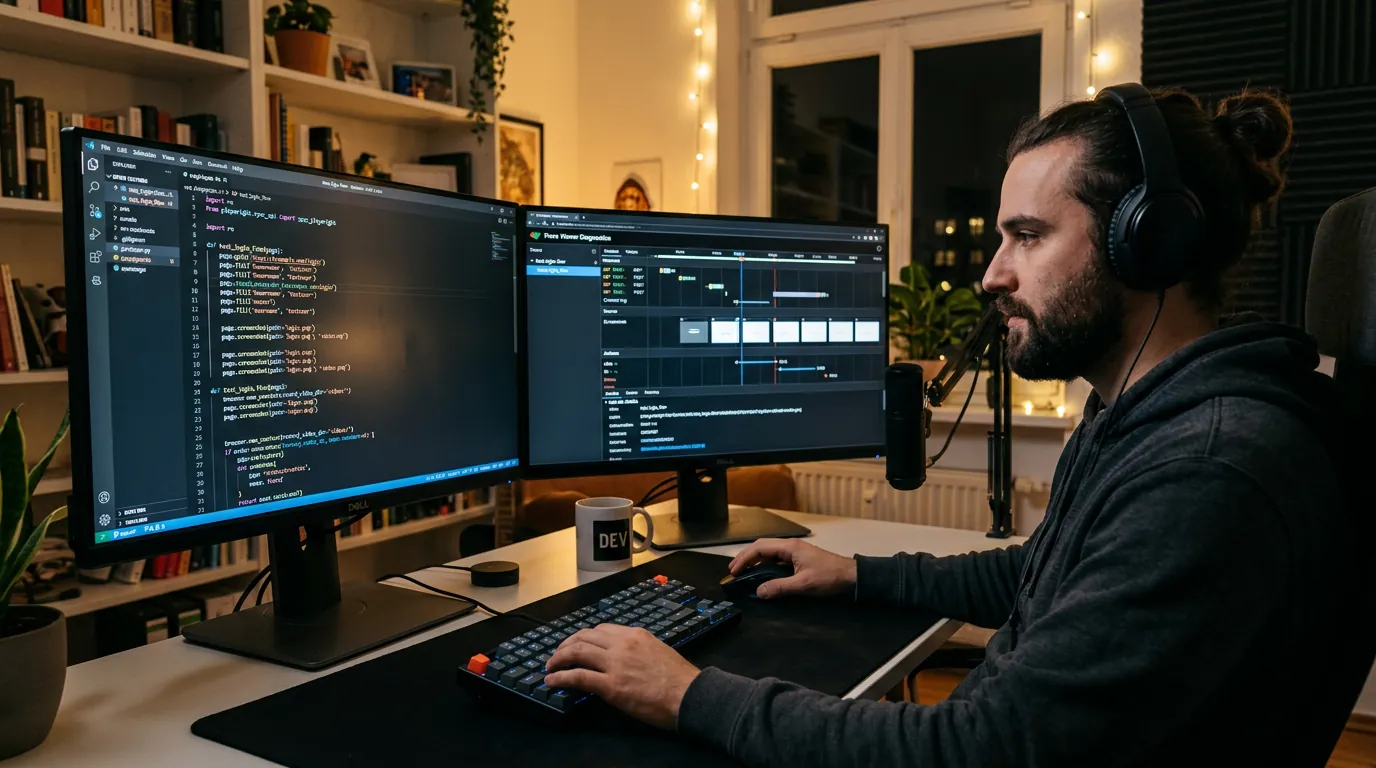 Desenvolvedor analisando logs de teste com o Trace Viewer do Playwright