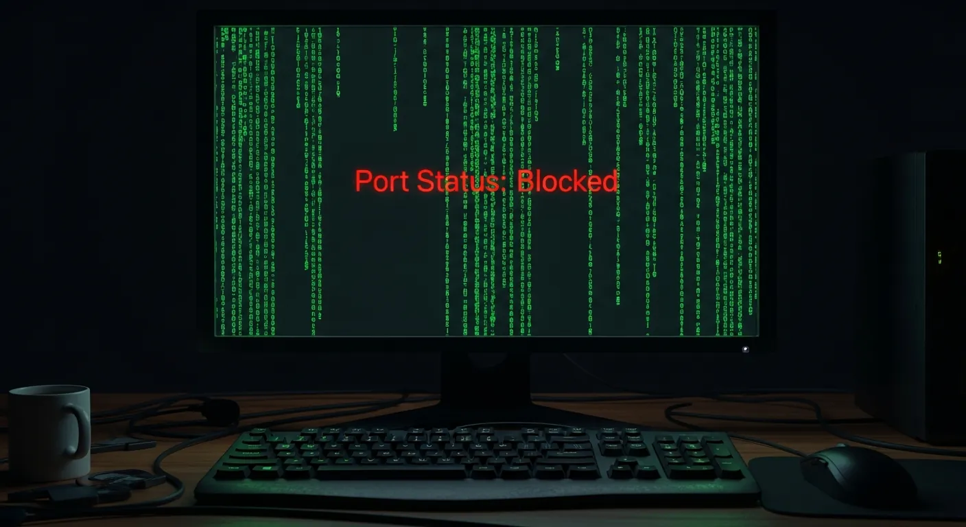 Alt Text Otimizado SEO: Terminal de comando mostrando porta bloqueada