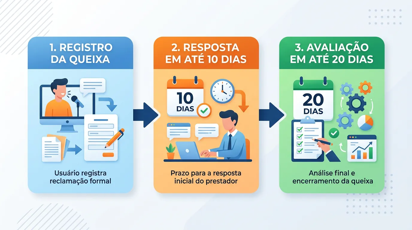 Fluxograma com os prazos de 10 dias para resposta e 20 dias para avaliação no Consumidor.gov.br