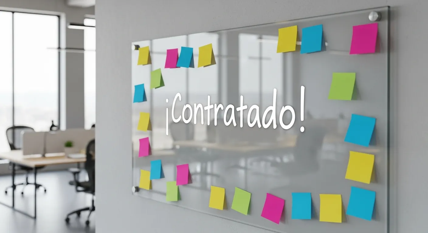 Lousa de escritorio com a palavra contratado em destaque